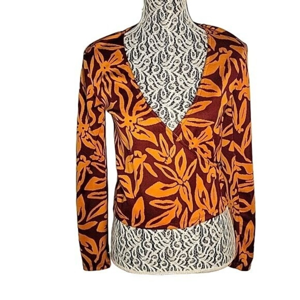 ZARA Floral Wrap Top‎ Long Sleeve V-Neck Orange Brown Bohemian Bohemian Style S